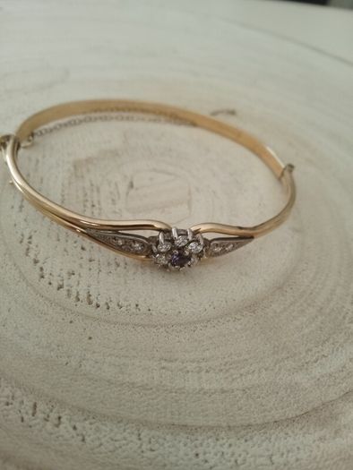 Vintage Rolled Gold Bangle Bracelet  Amethyst  Clear Stone Cluster