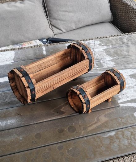 2 Rustic Wooden Barrel Planters   Garden Decorations