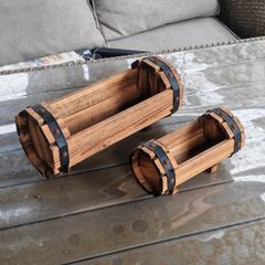 2 Rustic Wooden Barrel Planters   Garden Decorations