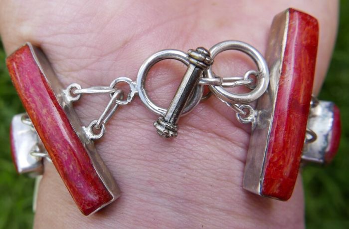 Vintage Red Fossilized Coral .925 Sterling Silver handcrafted Large Bali Bracelet and Red Coral Horn Pendant Necklace