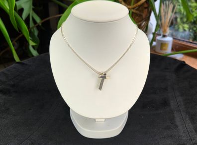 Solid Sterling Silver Snake Chain Necklace with Modernist Cross Pendant 925 Italy