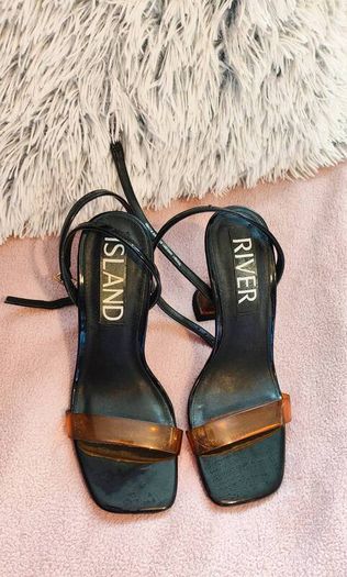 River Island Black Heels with Orange Strap & Acrylic Flared Heel Size UK 6 / EU 39