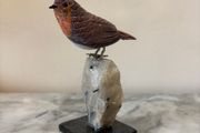 Hand-Carved Gemstone European Robin on Tourmalinated Quartz Base