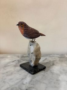 Hand-Carved Gemstone European Robin on Tourmalinated Quartz Base
