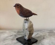 Hand-Carved Gemstone European Robin on Tourmalinated Quartz Base