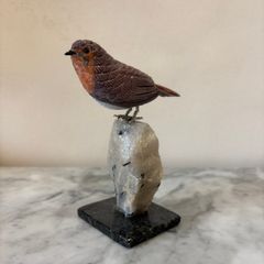 Hand-Carved Gemstone European Robin on Tourmalinated Quartz Base