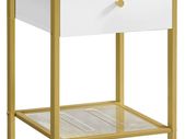 _Bedside table, side table, with drawer and grid shelf, for bedroom, living room, modern, white-gold-colored