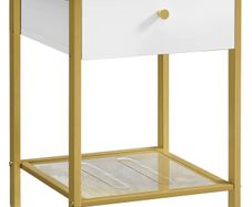 _Bedside table, side table, with drawer and grid shelf, for bedroom, living room, modern, white-gold-colored