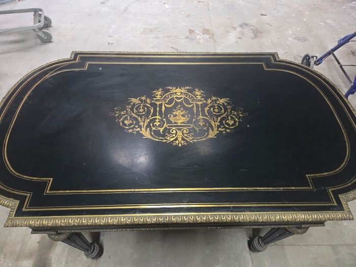 A 19th Century French Ebonised and Brass inlay and Metal Mounted Table with Drawer