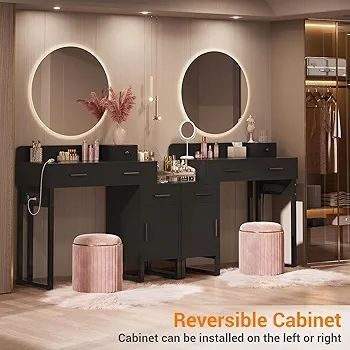 Dressing Table Vanity Desk with 4 Storage Drawers - Modern Makeup Desk with Charging Station, Vanity Desk with Reversible Cabinet Table Set with Divided Organizers for Women Girls