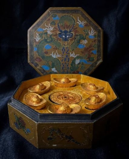 Vintage Chinese Octagonal Lacquered Box with Gilt-Bronze Sycee Ingots And Zodiac Coin