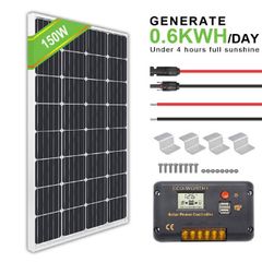 150W, 12V Solar Panel Kit with 20 A Solar Charge Controller and 5 m Solar Cable and Z Mounts for RV Boat Motor-home