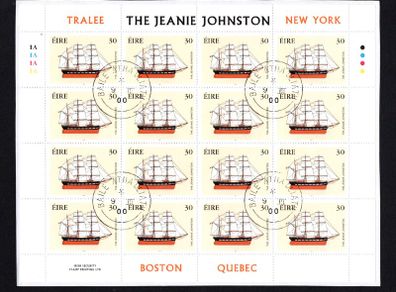 2000 Ireland Emigrants Ship: Jeanie Johnston Stamp Sheetlet Plated 1A1A1A1A Fine Used with Dublin CDS cancel of 9th March 2000 (Frist day of issued) on envelope extract.