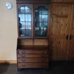 Antique 4 drawer wooden/glass cabinet with desk
