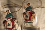 Two delightful Vintage Irish Cailin small drinking glasses, Irish glasses, Irish gift scene, girl and donkey, cailin deas og, Paddy's Day tipple