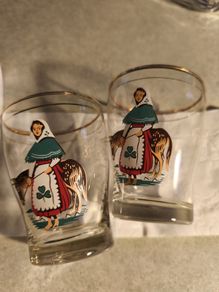 Two delightful Vintage Irish Cailin small drinking glasses, Irish glasses, Irish gift scene, girl and donkey, cailin deas og, Paddy's Day tipple