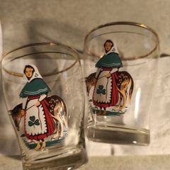 Two delightful Vintage Irish Cailin small drinking glasses, Irish glasses, Irish gift scene, girl and donkey, cailin deas og, Paddy's Day tipple