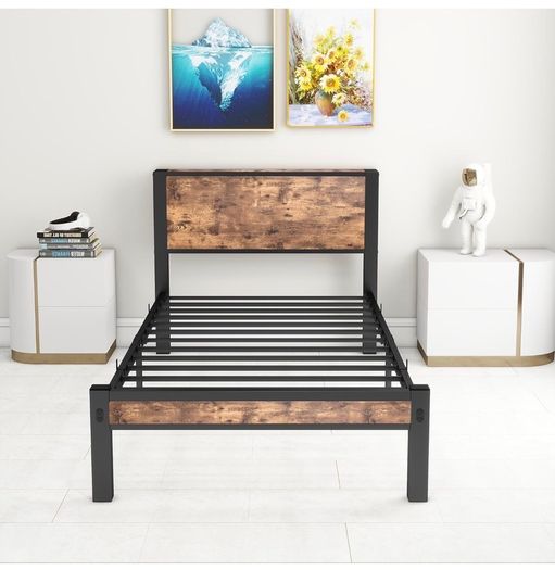 Single Bed Frame with Wood Storage Headboard, 90 x190 cm, Brown 3ft Metal Bed Frame Single for Adults Kids, Mattress Base, Underbed Storage, No Box Spring Needed