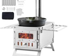 Portable Stainless Steel Camping Wood Stove, 203.2cm Chimney, 11.47L Firebox, 8 Chimney Pipes, Gloves Included, Wood-Burning Tent Stove for Outdoor Cooking & Heating