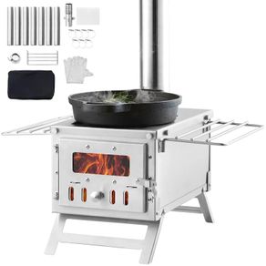 Portable Stainless Steel Camping Wood Stove, 203.2cm Chimney, 11.47L Firebox, 8 Chimney Pipes, Gloves Included, Wood-Burning Tent Stove for Outdoor Cooking & Heating