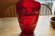 Vase - Vintage red glass with gold leaf colour flowers 13 inches