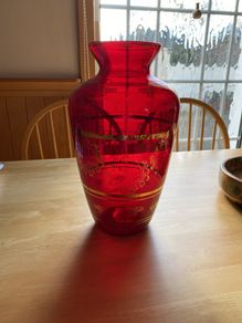 Vase - Vintage red glass with gold leaf colour flowers 13 inches