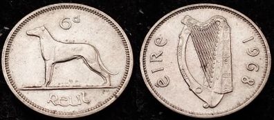 [#598] - Ireland 1968 | Irish 6p | Six Pence | Wolfhound | KM.13a | High Grade