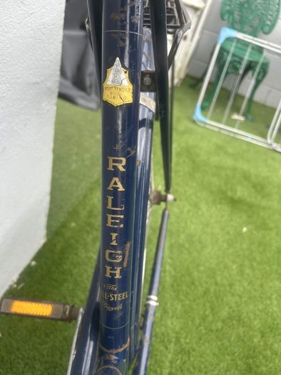 Vintage Raleigh roadster (navy blue, "All-Steel Bicycle")