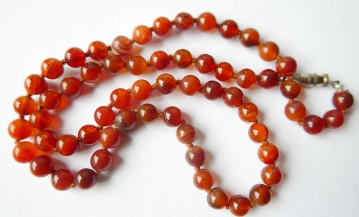 Vintage Natural Red Carnelian Agate Bead Necklace strung on a silk cord length 20"