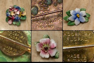 English Bone China Flower Brooches - Royal Adderley & Staffordshire