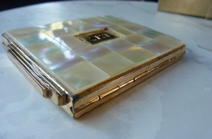 Rare and Genuine Art Deco AGME Switzerland Gold Tone Mother of Pearl Compact with Adjustable Initials