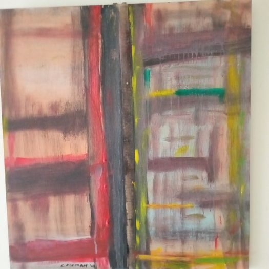 Retro Abstract Oil on Panel Painting Titled "Bookcase".