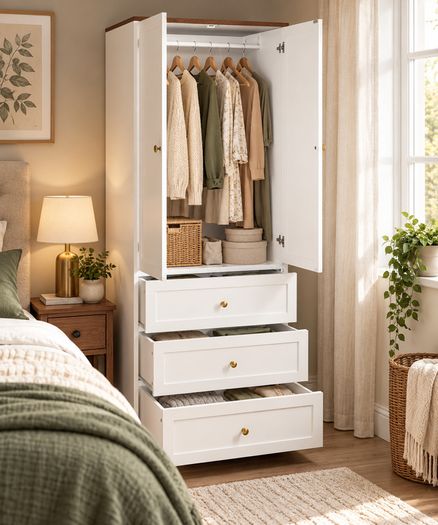 70cm White Wardrobe with 3 Drawers, Clothes Rail & Dark Wood Top