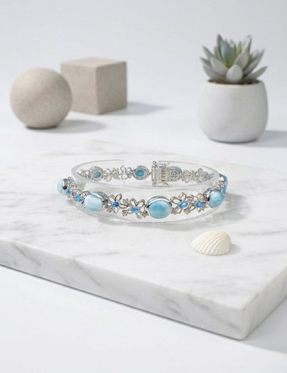Silver bracelet Larimar & Neon Apatite Cluster Bracelet