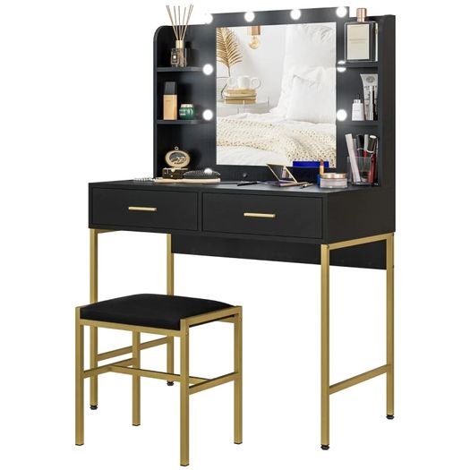 Dressing Table Set, with Storage and Stool - Black