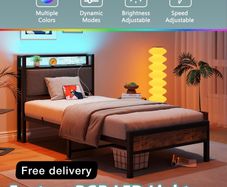 3ft Single Bed Frame with Storage Headboard,LED Lights,Metal Upholstered Platform Bed Frame with Charging Rustic