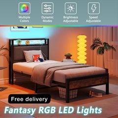 3ft Single Bed Frame with Storage Headboard,LED Lights,Metal Upholstered Platform Bed Frame with Charging Rustic
