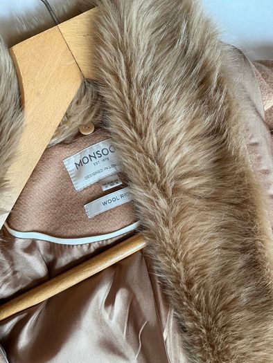 Stunning Monsoon London camel tan wool coat with faux fur collar Size 12