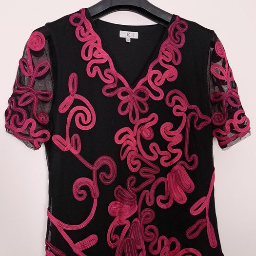 Country Casuals CC Black Sheer Mesh Fuchsia Pink Soutache Ribbon Embroidered V-Neck Midi Dress 16UK/44EU