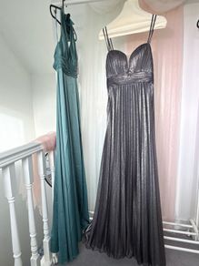 Dark Grey Double-Strap Glitter Pleated Long Gown