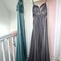 Dark Grey Double-Strap Glitter Pleated Long Gown