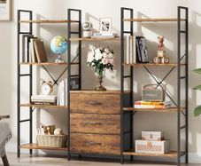 Vinatge Bookcase with 3 Fabric Drawers Industrial Wood Style
