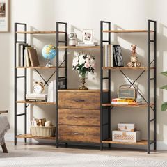 Vinatge Bookcase with 3 Fabric Drawers Industrial Wood Style
