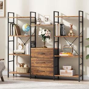 Vinatge Bookcase with 3 Fabric Drawers Industrial Wood Style