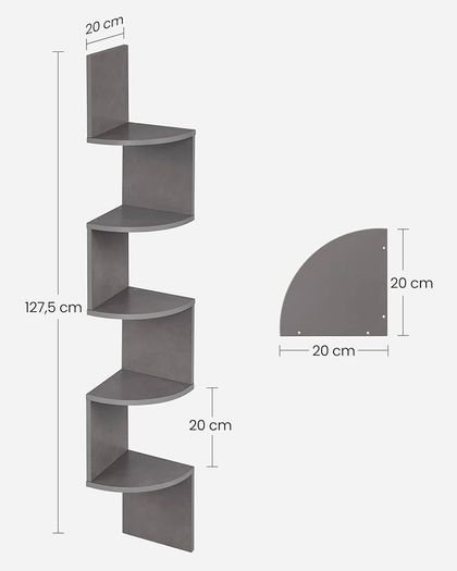 FREE P&P Corner Shelf, 5-Tier Floating Wall Shelf with Zigzag Design, Bookshelf, Grey