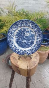Lovely Vintage Blue and White 9.75 Inch Dinner Plate By English Ironstone, in a Lovely Cottagecore Style Idyllic Rural Pattern