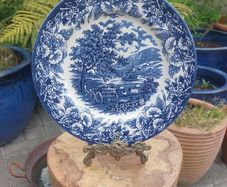 Lovely Vintage Blue and White 9.75 Inch Dinner Plate By English Ironstone, in a Lovely Cottagecore Style Idyllic Rural Pattern