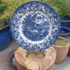 Lovely Vintage Blue and White 9.75 Inch Dinner Plate By English Ironstone, in a Lovely Cottagecore Style Idyllic Rural Pattern