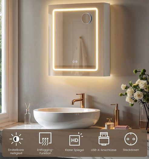 LED Bathroom Mirror Cabinet with Storage White, 50x60 cm, Defogging, Magnifying Mirror, USB & Power Outlets