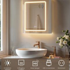 LED Bathroom Mirror Cabinet with Storage White, 50x60 cm, Defogging, Magnifying Mirror, USB & Power Outlets